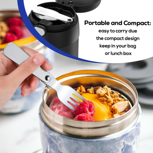 2pcs Folding Spoon & 2pcs Foldable Forks for Thermos Funtainer 10oz Food Jars, Portable Stainless Steel Set