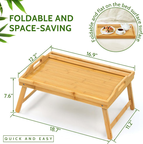 Lesnople Tray Table for Bed, Bamboo Breakfast Tray with Folding Legs and Handles, Natural Color Bed Tray with Media