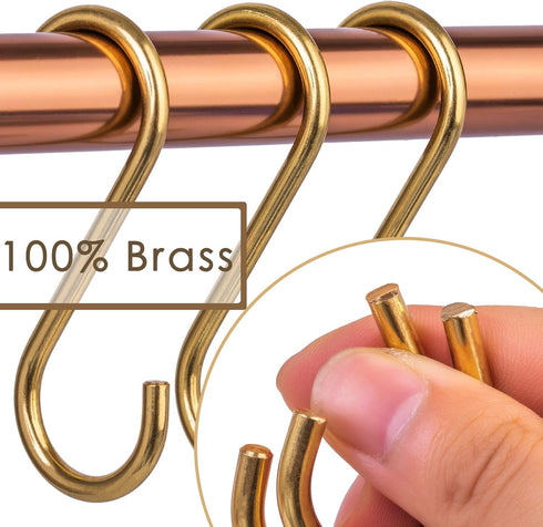 12-Pack 3.95" Brass S Hooks for Hanging - Heavy-Duty S-Shaped Hook for Coffee Cups Mug Coat Clothes Storage Hangers