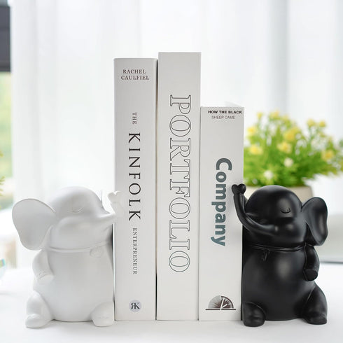 5" YU FENG Adorable Elephant Bookends in Black&White Resin Unique Cute Book Ends for Home Bedroom Desk Bookshelf