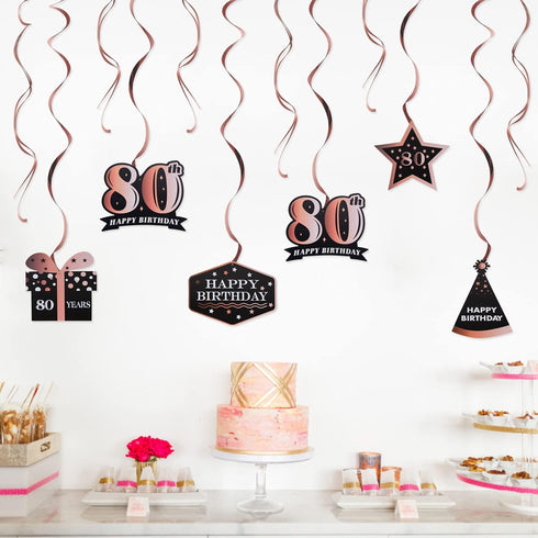 LINGTEER Happy 80th Birthday Decorations - 12 Pcs Black & Rose Gold Foil Swirls Streamer Set for Eighty Years Old Bday