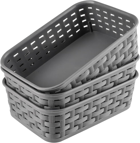 3 Pack Small Plastic Baskets, Storage Bin for Organizing Household Wicker Storage for Laundry, Bedrooms, Dark Gray