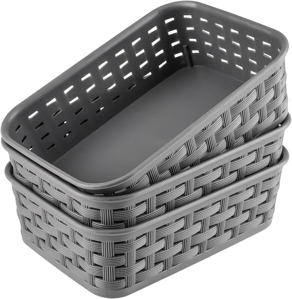 3 Pack Small Plastic Baskets, Storage Bin for Organizing Household Wicker Storage for Laundry, Bedrooms, Dark Gray