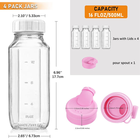 4 Pack 16 Oz Sovietiep Square Glass Milk Bottle with A Silicone Dispenser Cap, Glass Juice Bottles with Airtight Screw