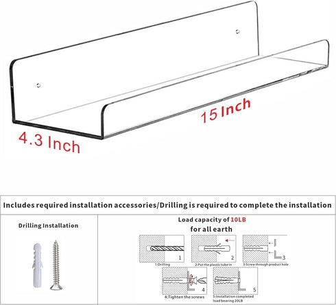 2 Bedroom,Room,15 Inch Pcak Clear Acrylic Shelves for Bathroom Wall Shelf & Organizer,Invisible Floating Shelves & Wall