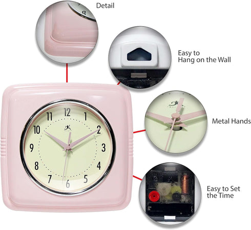 Infinity Instruments Square Silent Retro Wall Clock, 9 inch Mid Century Modern Kitchen Diner Quartz Sweep Movement, Pink
