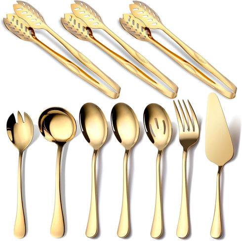 OGORI 10-Piece Gold Serving Utensils Set, Polished Stainless Steel Includes Spoons, Tongs, Forks, and Ladle