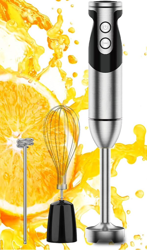 MegaWise 3-in-1 Immersion Hand Blender - Powerful 12-Speed Corded Blender with Whisk and Milk Frother (Black)