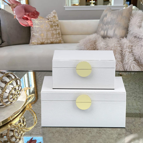 HofferRuffer Faux Leather Jewelry Boxes, Decorative Storage Accessory Organizer with Gold Hardware, Set of 2