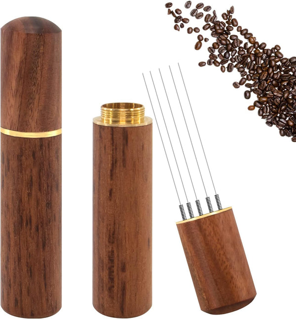 Espresso Coffee Stirrer, Professional Barista Hand Needle Type Distribution Tool, 5 Needles 0.4mm Natural Wood Handle