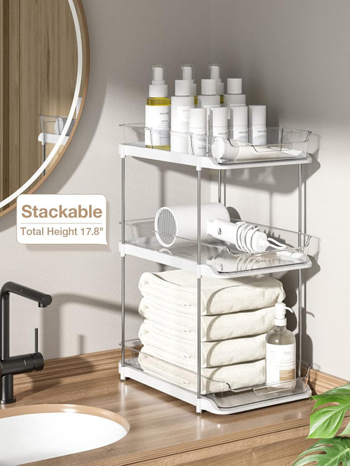 Delamu 2 Sets of 2-Tier Multi-Purpose Bathroom Under Sink Organizers and Storage, Stackable Kitchen Pantry Organization