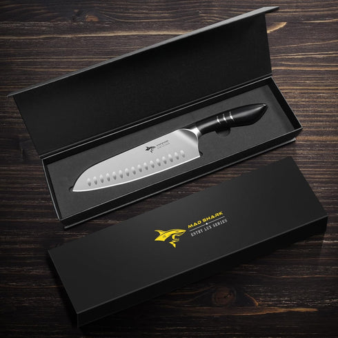 MAD SHARK Premium Santoku Knife - 8 Inch Professional Kitchen Knife, German Stainless Steel, Black