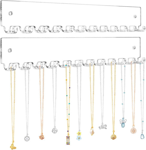 Acrylic Necklace Holder 2 Pack, Wall Mounted Jewelry Organizer with 12 Hooks for Necklaces, Bracelets, Rings
