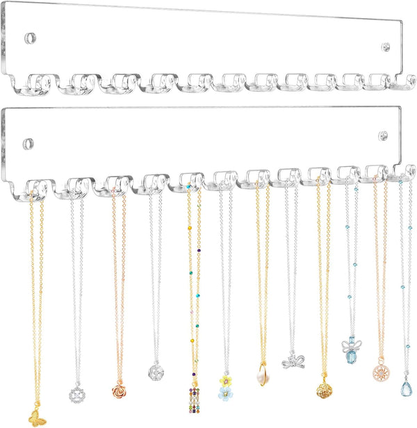 Acrylic Necklace Holder 2 Pack, Wall Mounted Jewelry Organizer with 12 Hooks for Necklaces, Bracelets, Rings