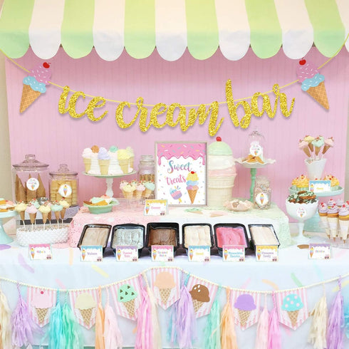 Ice Cream Bar Decor Kit, Summer Ice Cream Sundae Bar Glitter Banner, Food Labels for Party Supplies