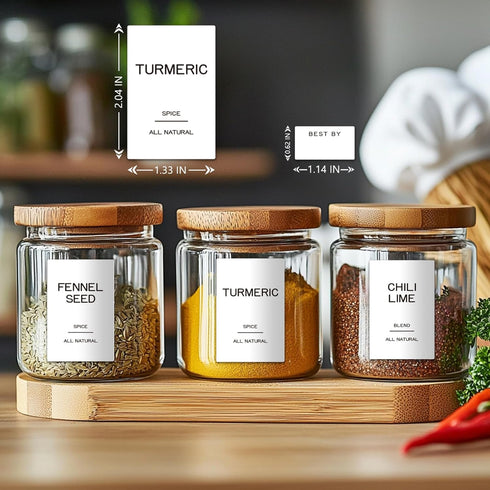 Kuocodall 201 Spice Jar Labels - Preprinted Minimalist Waterproof Stickers for Kitchen Jars, Herb & Seasoning Labels