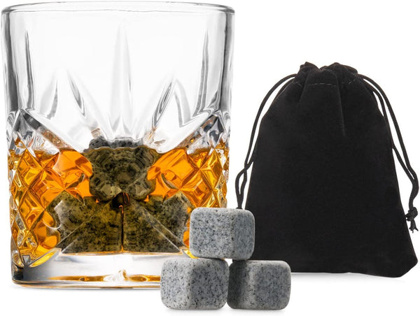 Godinger Whiskey Glass and Stones Gift Set, Includes Old Fashioned Whiskey Glasses, 6 Whiskey Rocks Chilling Stones and
