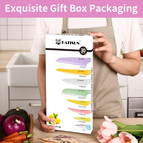 Knife Set with Kitchen Cutting Board, 30 Piece Colour Coding Stainless Steel Boxed Knives with Shears
