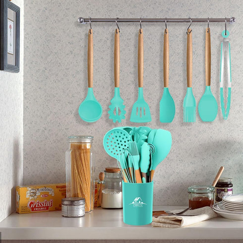 MIBOTE 17 Pcs Silicone Cooking Utensils Set with Holder, BPA Free Wooden Handles for Nonstick Cookware, Teal