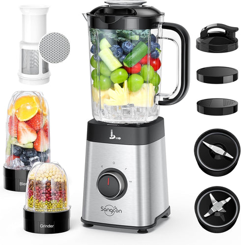 Sangcon Blenders and Food Processor Combo, 40 oz Jar & 17oz Cup with To-Go Lid, Stainless Steel Silver, for Shakes and