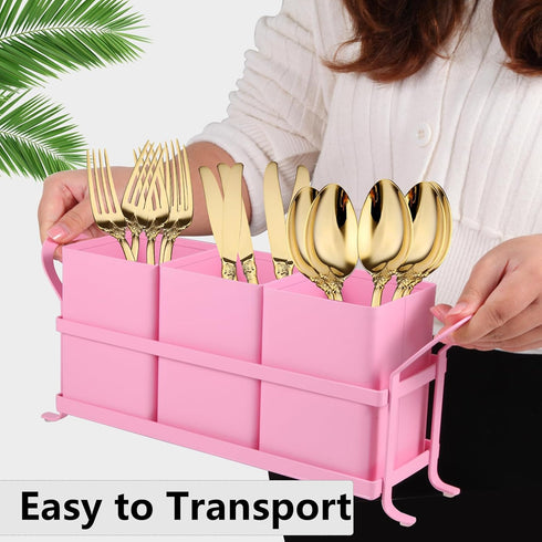 Metal Silverware Caddy - 3 Compartment Utensil Holder with Metal Rack, Flatware Cutlery Organizer for Countertop, Pink