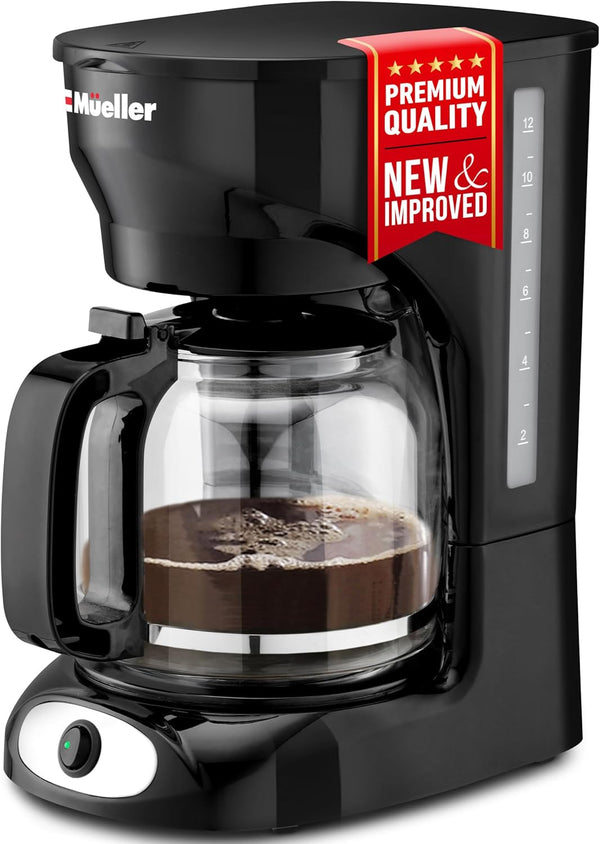 Mueller 12-Cup Drip Coffee Maker with Borosilicate Carafe, Auto-Off, Reusable Filter, and Keep-Warm Function