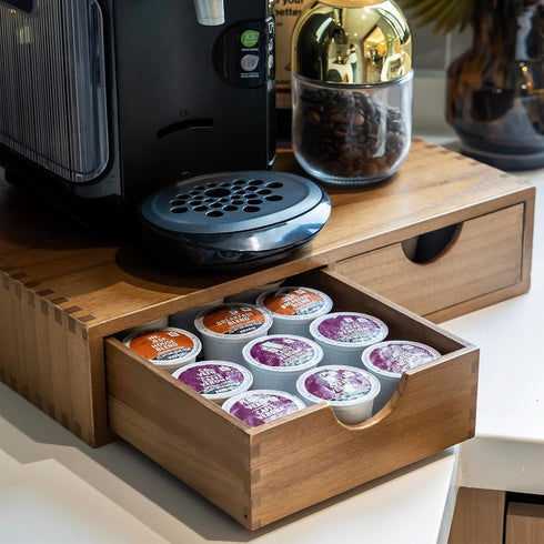 Wooden K Cup Organizer Coffee Pod Storage Box, Coffee Pods and Tea Organizer Holder, K Pod Drawer Coffee Maker Stand,