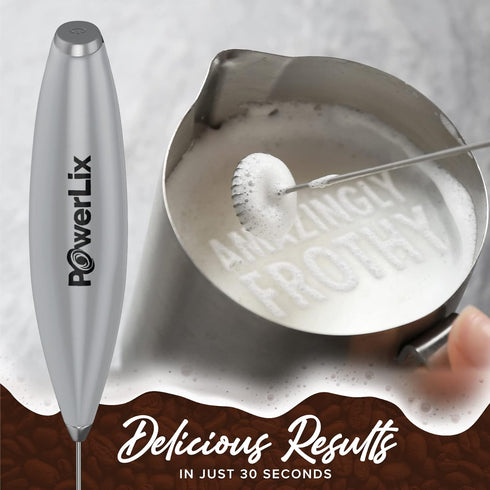 PowerLix Handheld Milk Frother Electric Whisk Foam Maker for Coffee, Latte, Cappuccino, Hot Chocolate, Grey with Stand