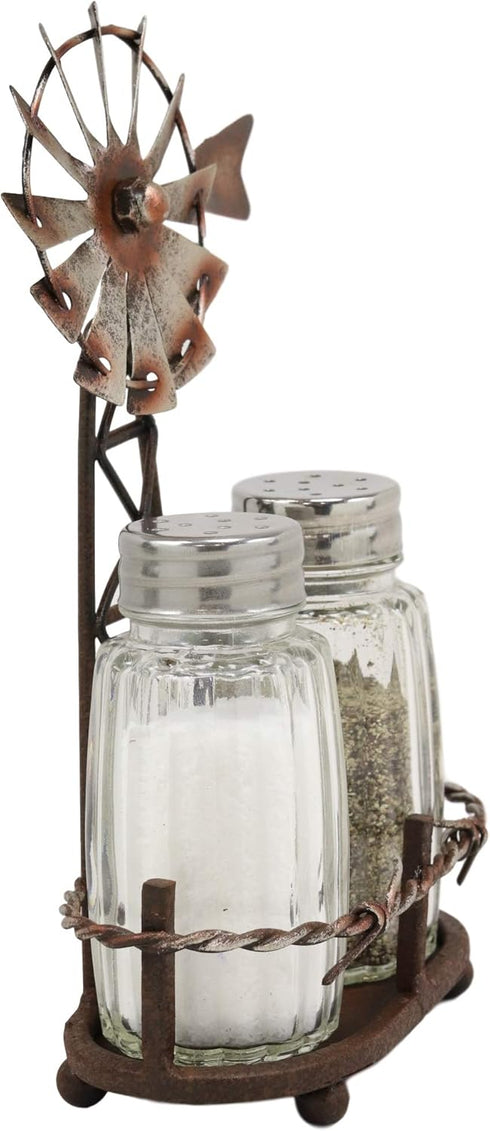 Ebros 6.5" Tall Rustic Country Farm Windmill Salt And Pepper Shakers Holder Display Stand Set in Aged Bronze Finish