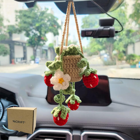 Cute Crochet Daisy Strawberry Hanging Plant, Aesthetic Rear View Mirror Ornament for Car, Handmade Decor Gift