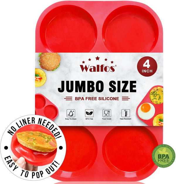 Walfos Silicone Muffin Top Pans - 4inch Jumbo Size Non-Stick Bakeware for Eggs, Hamburger Buns, Muffin Tops