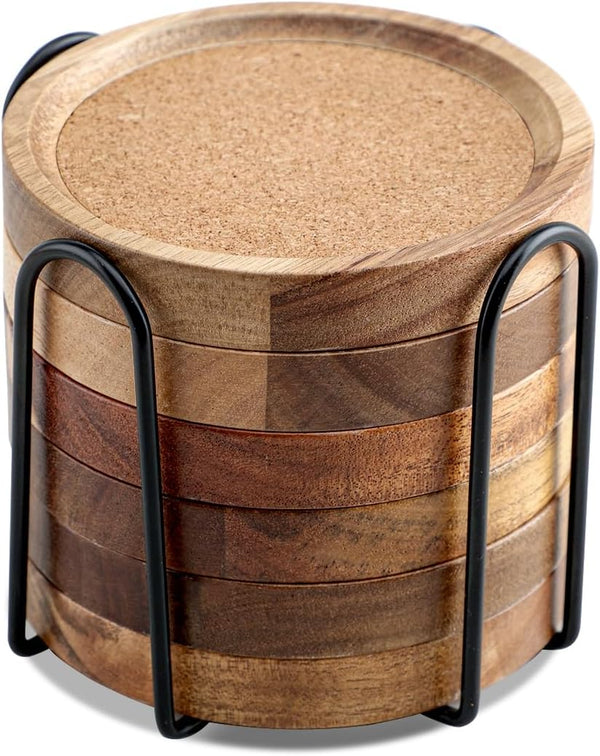 WLWNWFT Coasters for Drinks Absorbent with Holder, Acacia Wood Cork Coaster for