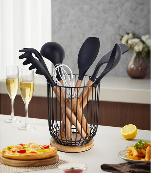 Large Utensil Holder for Kitchen Counter - Farmhouse Utensil Caddy, Spatula Holder (Metal+Bamboo-1)
