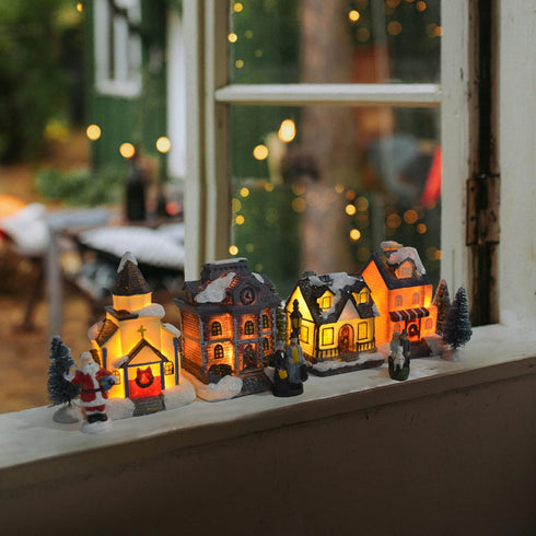 Sets-Christmas Christmas Village Decorations,LED Lighted Christmas Village Houses with Figurines, Christmas Village