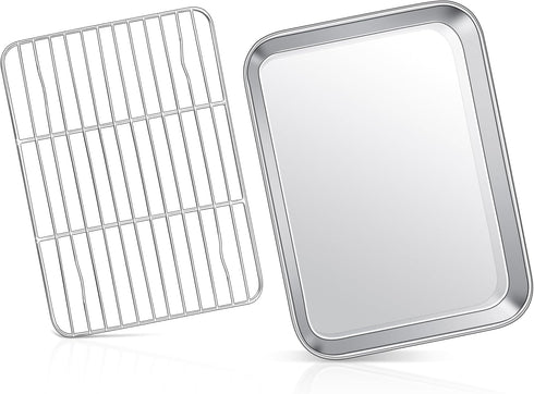 Joyfair Toaster Oven Baking Pan with Rack, 9”x 7” Stainless Steel Tray and Cooling Rack Set for Cookies, Bacon, Steaks