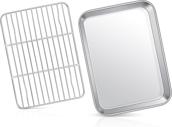 Joyfair Toaster Oven Baking Pan with Rack, 9”x 7” Stainless Steel Tray and Cooling Rack Set for Cookies, Bacon, Steaks