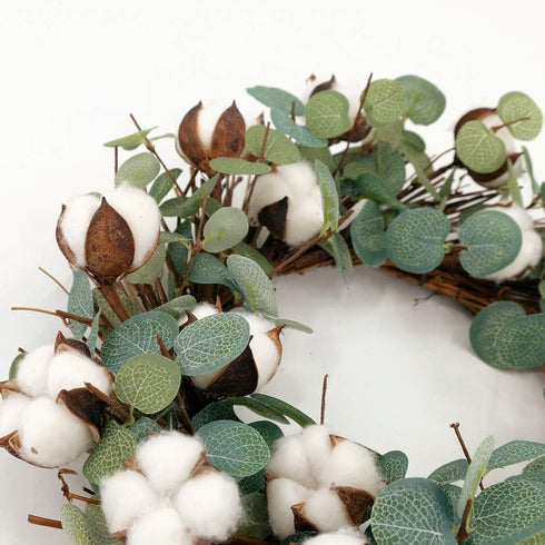 Idyllic Eucalyptus and Cotton Wreath, 14 Inches Artificial Decor for Farmhouse, Garden, Wedding, Natural Twig Base
