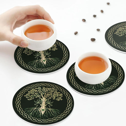 MINIOZE Set 6 Norse Viking Wicca Yule Yggdrasil Coasters of Coasters for Drinks Absorbent Double-Sided Leather PVC