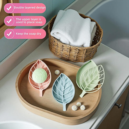 Chinshwehaw Set, 2-Tier Leaf-Shaped Soap Dish Soap Holder Drain Rack, Leaf Design - No Drill Wall Mount, Detachable