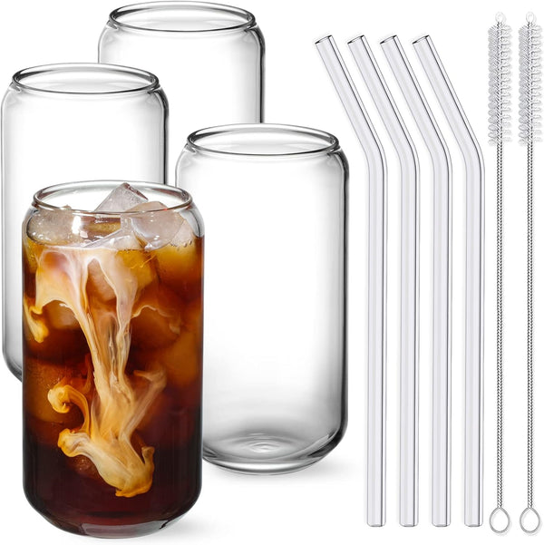 NETANY 16oz Can Shaped Drinking Glasses Set - 4pcs with Glass Straws & 2 Cleaning Brushes for Beer, Iced Coffee,