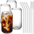 NETANY 16oz Can Shaped Drinking Glasses Set - 4pcs with Glass Straws & 2 Cleaning Brushes for Beer, Iced Coffee,