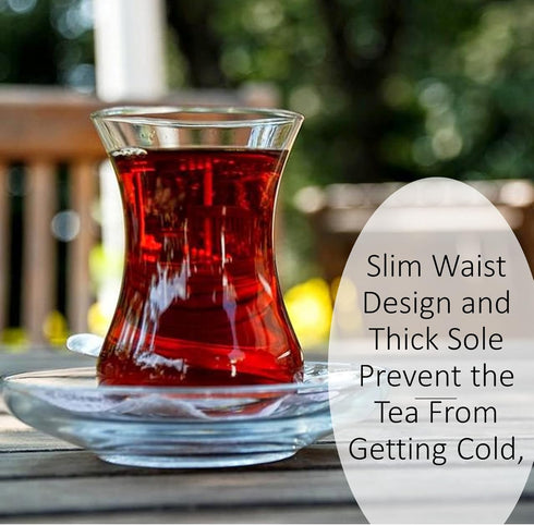 ums Turkish Tea Glass Set, Slim Waist Design, 12 Pieces for 6 People, Includes Glasses & Saucers