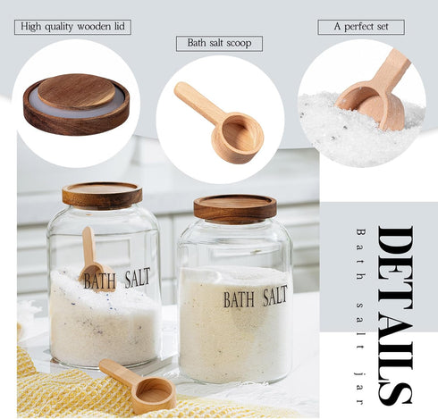 1 Sets 74 oz SiliFine Large Bath Salt Container with Wooden Scoop for Glass Bath Salt Jar with Airtight Lid Storage
