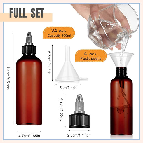 24 (3.4 oz,Amber) Barydat Pcs Squeeze Bottle Twist Top Applicator Empty Hair Oiling Bottle with Funnels Refillable