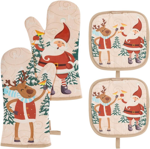 BESTONZON Cute Christmas Oven Mitt Set, Heat Resistant Oven Gloves and Pot Holders for Kitchen Decoration