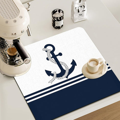 Nautical Dish Drying Mat - Nautical Anchor Absorbent Dish Drying Mat for Kitchen Counter, Coffee Bar Mat, Coffee Maker Mat for Countertops, Dish Rack Drainer Mat, JL-GZD