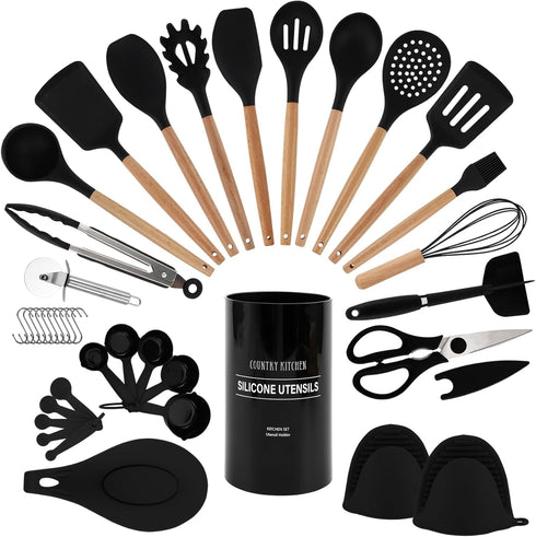 Country Kitchen Cooking Utensils Set - 40 pcs Non-stick Silicone Spatula Set with Holder and Wooden Handles