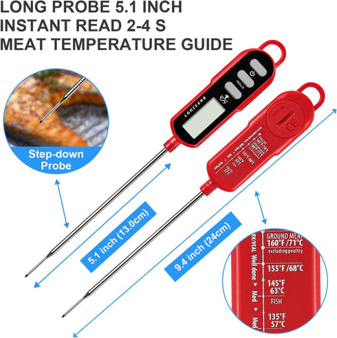 Lonicera Instant Read Digital Meat Thermometer, Waterproof Long Probe with Meat Temp Guide for Cooking