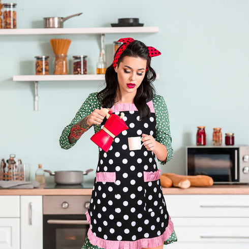 Violet Mist Vintage Apron for Women, Pink Polka Dot Retro Stylish with Pockets, Adjustable Neck Strap