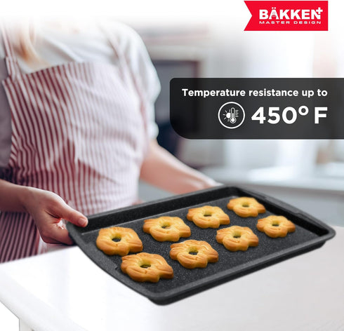 Bakken Swiss Cookie Sheet 3 Piece Set, Non-Stick Stackable Baking Pans with Gray Marble Deluxe Ceramic Coating